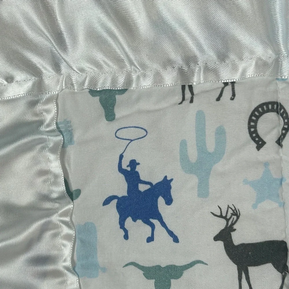 Handmade Western Baby Blanket Cowboy Horse Print Blue Polka Dot Satin Trim